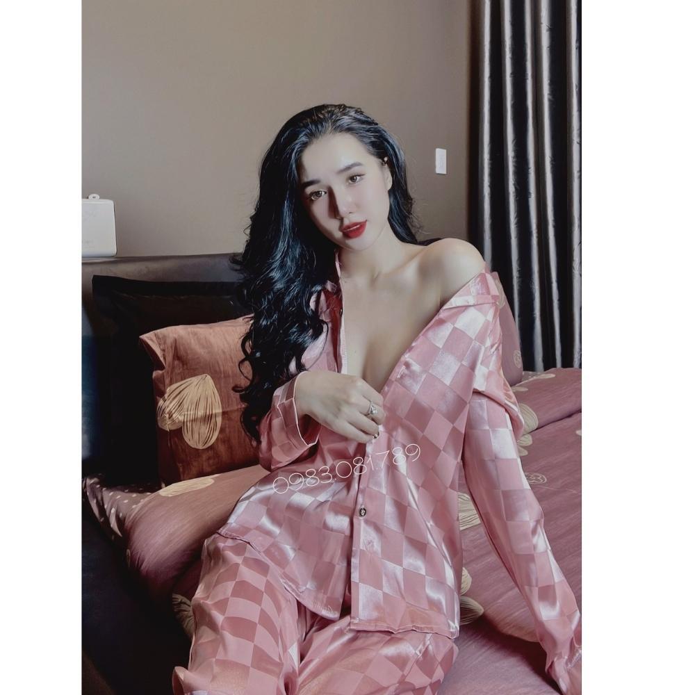 Bộ lụa pyjama áo dài quần dài , đồ ngủ nữ chất liệu lụa gấm mềm mịn cao cấp không nhăn không xù