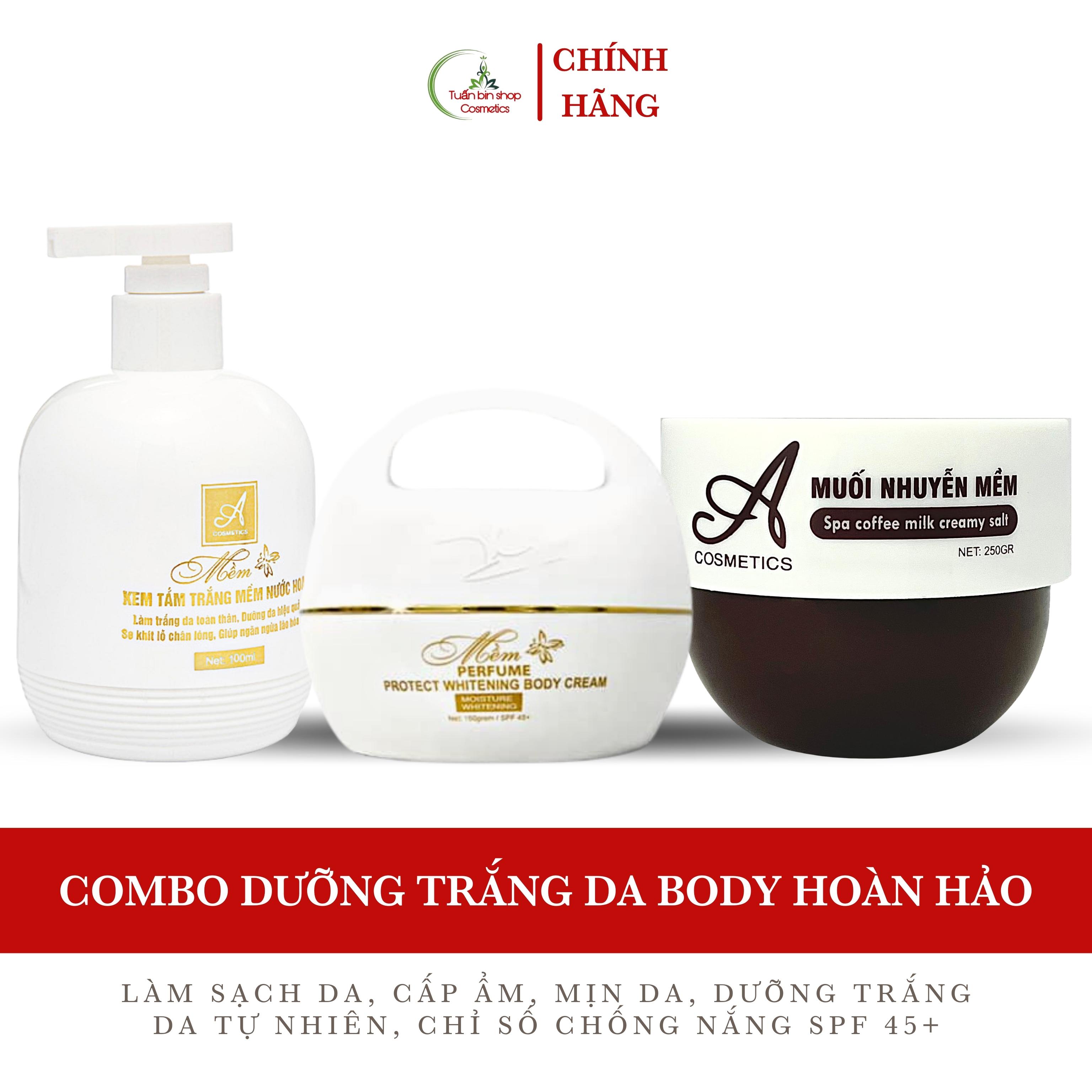 Combo kem trắng da body hoàn hảo Acosmetics, Kem body mềm, kem tắm trắng toàn thân, muối tẩy tế bào chết 500g