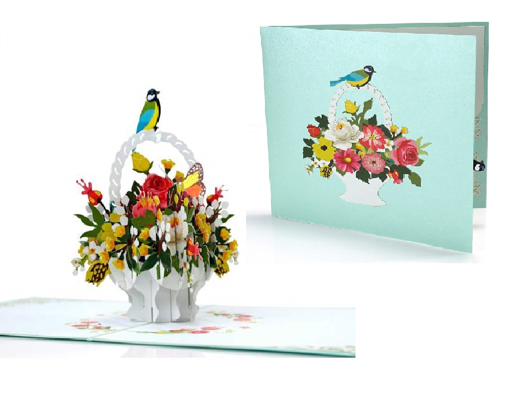 Thiệp 3D Pop Up Giỏ Hoa &amp; Chim – Thiệp Hoa Chúc Mừng, Sinh Nhật, Tri Ân, Độc Đáo, F18