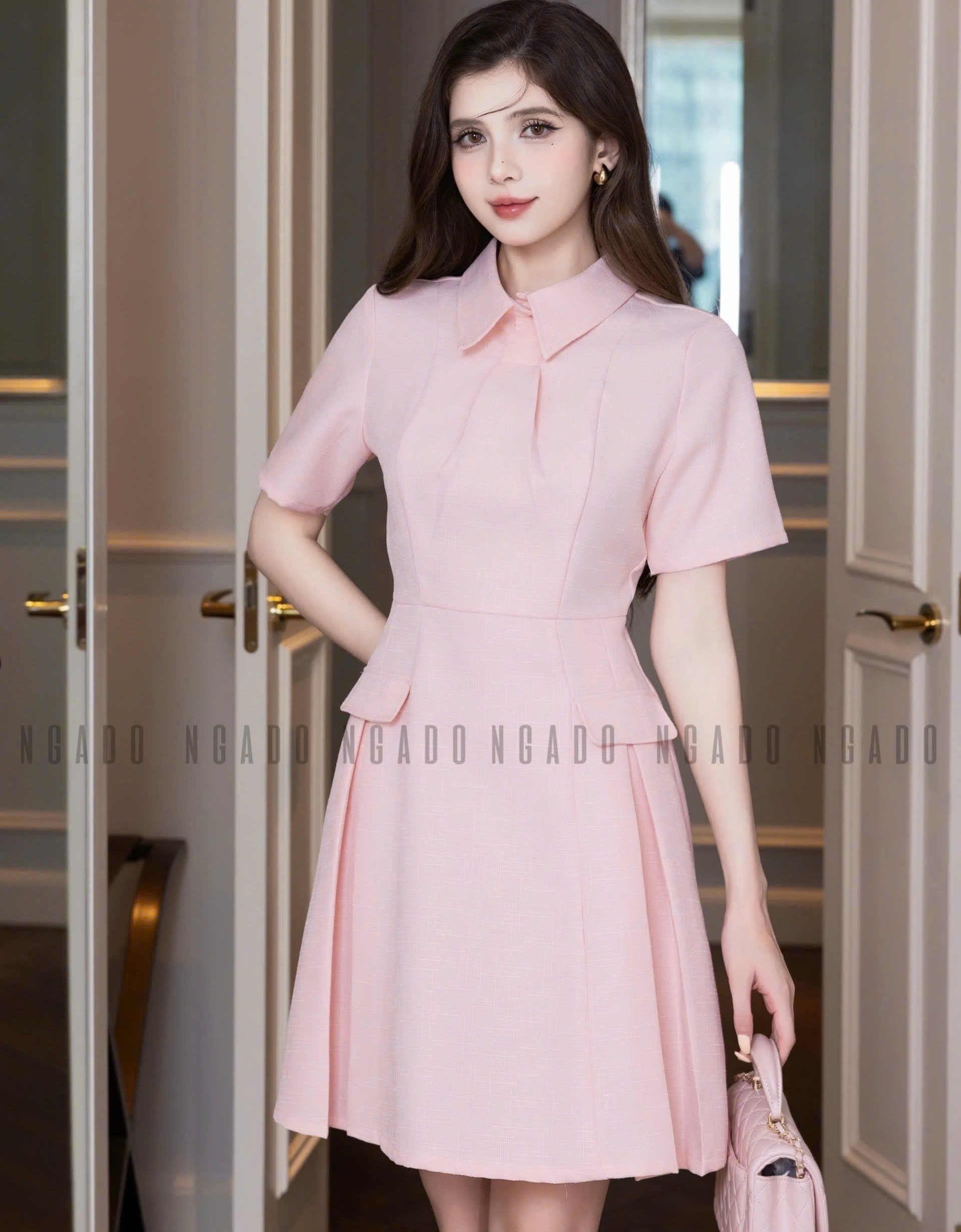 Đầm sơ mi hồng ngắn tay NGADO , đầm sơ mi , đầm nữ , đầm công sở, dự tiệc