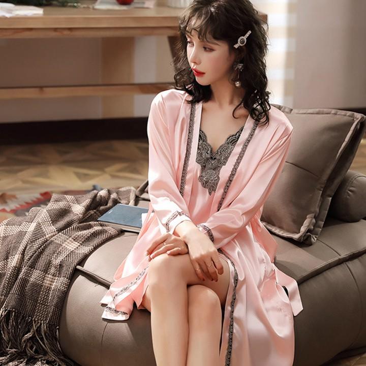 Áo choàng ngủ lụa kiểu kimono viền ren sang trọng