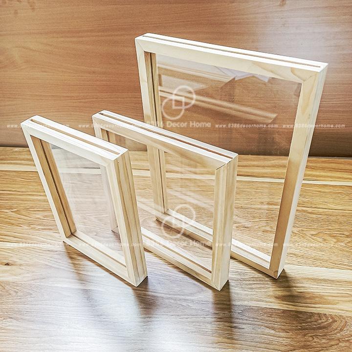 Khung ảnh 2 mặt để bàn mica gỗ thông nhiều kích thước, Khung ảnh để bàn 20x20cm, A4, A5, (2 tấm mica dày 1,5m)