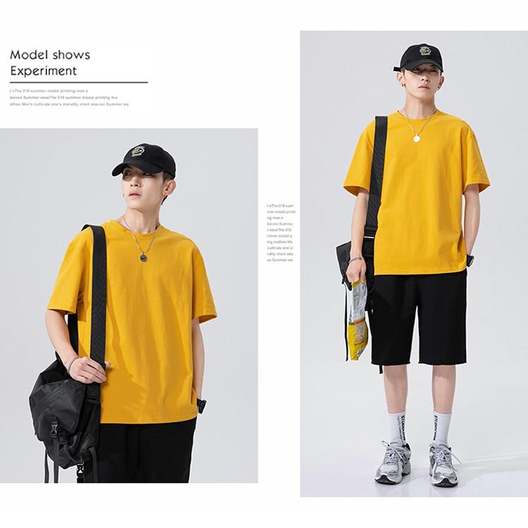 Áo Thun Nam Cổ Tròn Màu Cam Vải Cotton Co Giãn Trơn Basic Tay Ngắn Form Rộng