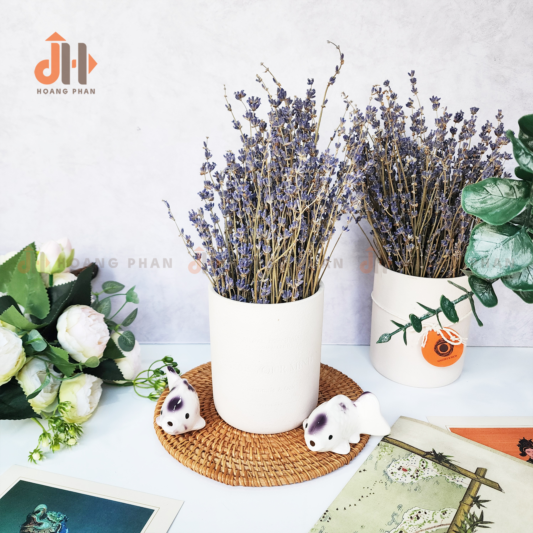 Set bình gốm trắng mộc phối hoa Lavender khô