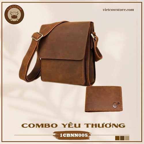 Combo Yêu Thương - Túi Đeo Chéo Và Ví Nam Da Bò Sáp, Túi Đeo Chéo Và Ví Nam Da Bò Thời Trang_VietCow_1CBNN005