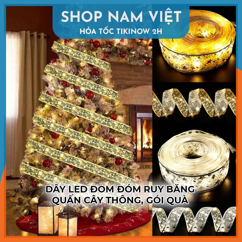 Dây Đèn Led Ruy Băng Trang Trí Cây Thông Giáng Sinh Noel, Gói Quà - Chính Hãng NAVIVU