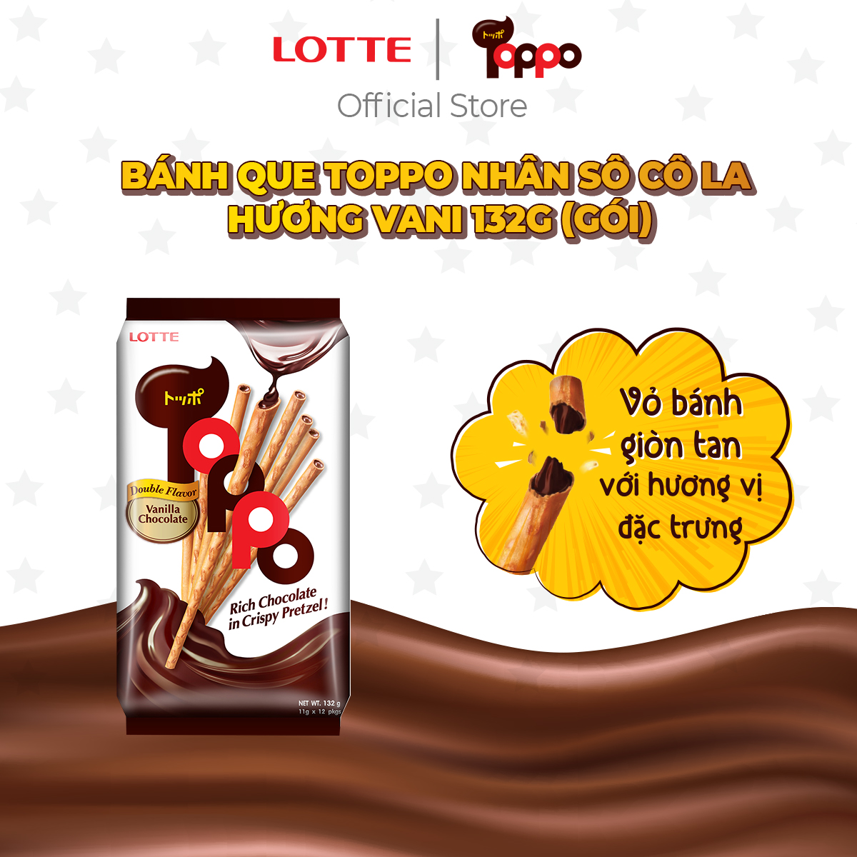 Bánh que Toppo nhân sô cô la hương Vani 132 g