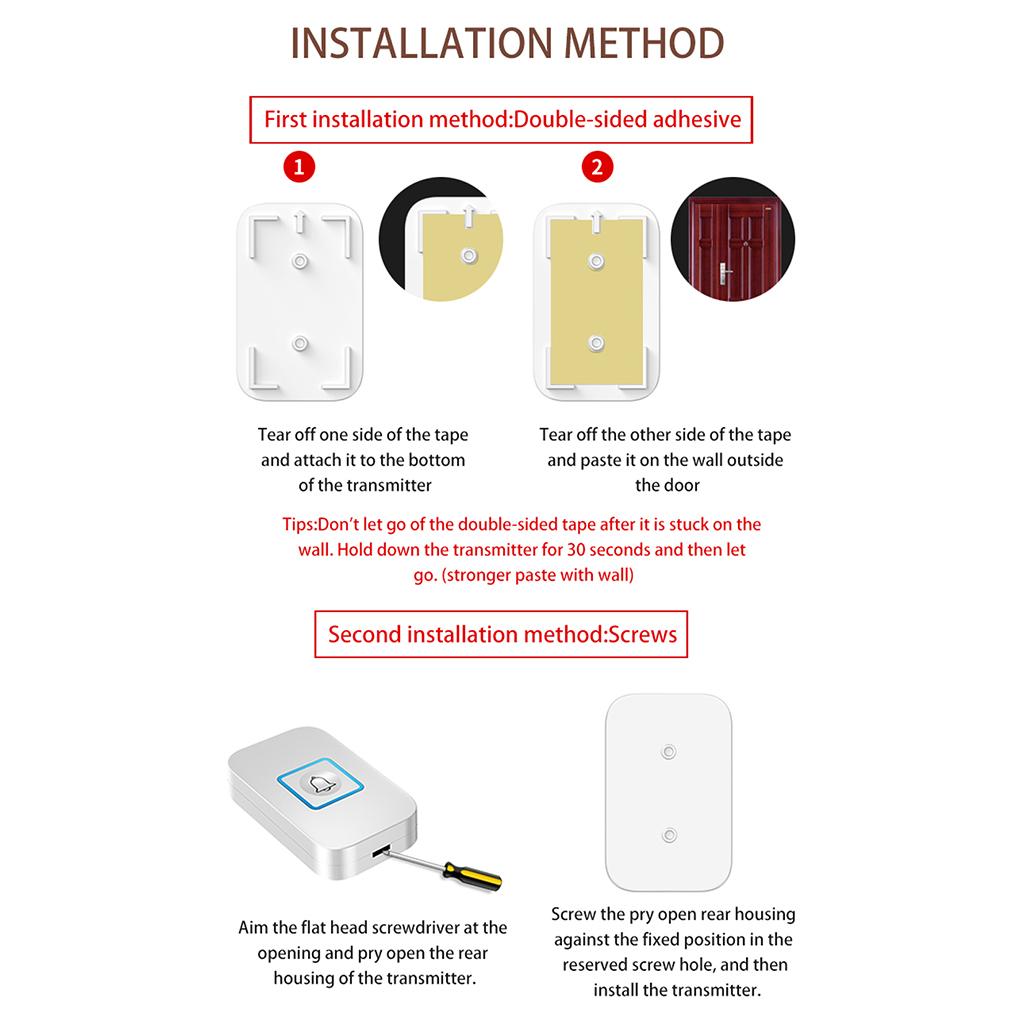 Wireless Chime Doorbell 60 Melodies 1 Transmitter for 2 EU Plug-in Receivers