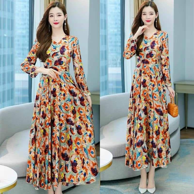 HÀNG NHẬP - ĐẦM MAXI VOAN HOA CỔ V TAY DÀI