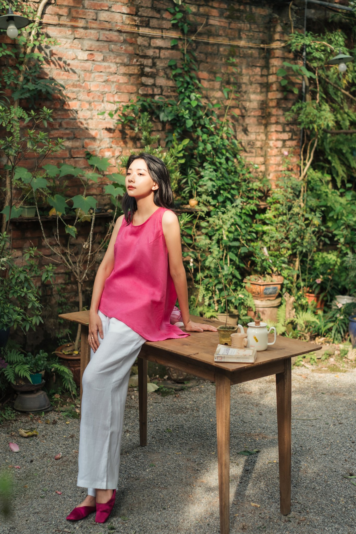 Áo linen vạt lệch hồng sen