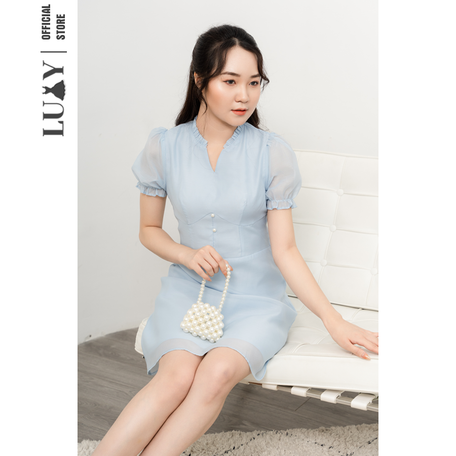 Đầm tiểu thư cổ V tay phồng dáng ôm LUXY V153 đủ size từ 42kg - 65kg