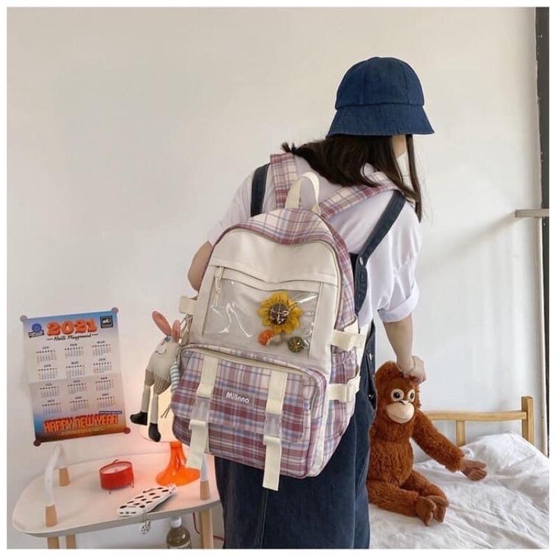 Balo Uzllang Đi Học Kẻ Caro Có Ngăn Ngoài Trong Suốt