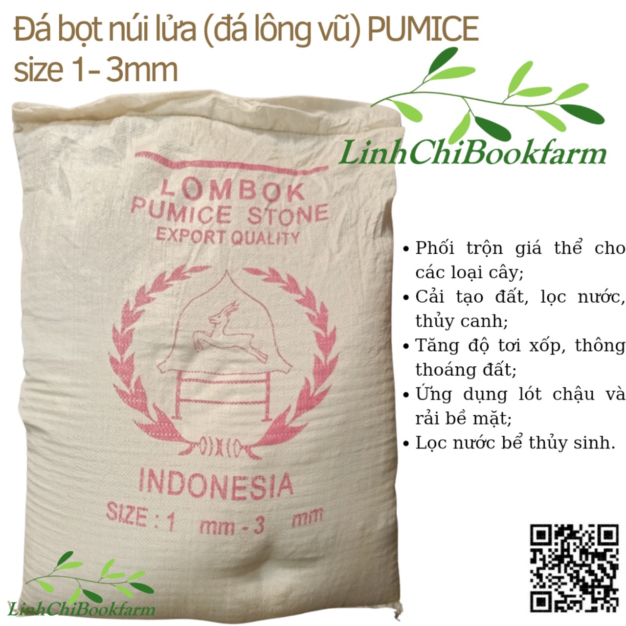 Đá Pumice Indonesia size 1-3mm, bao 50 lít - dùng lót chậu, rải bề mặt sen đá, xương rồng, bonsai trồng cây, lọc nước, bể thủy sinh, ủ phân, cải tạo đất