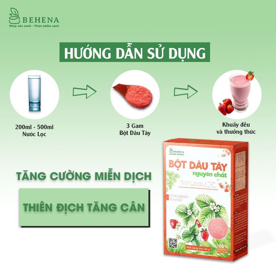 Bột dâu tây nguyên chất Behena, sấy lạnh, nghiền bằng cối đá theo công nghệ Nhật Bản, Gói 50g