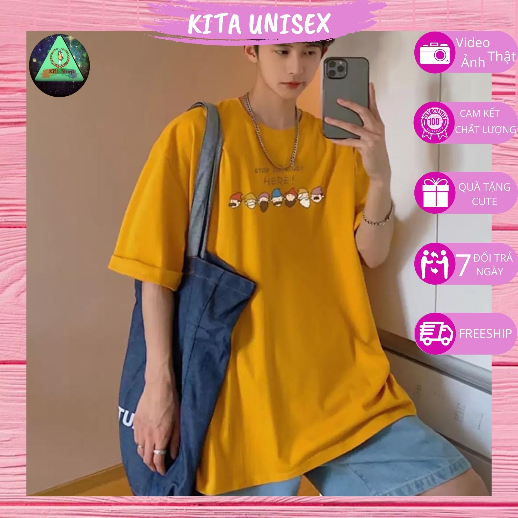 Áo Thun Nữ Tay Lỡ - Áo Phông Nam Nữ Form Rộng Freesize Vải Chất Cotton Mịn Mát Kita Unisex - Mẫu 7 Chú Lùn