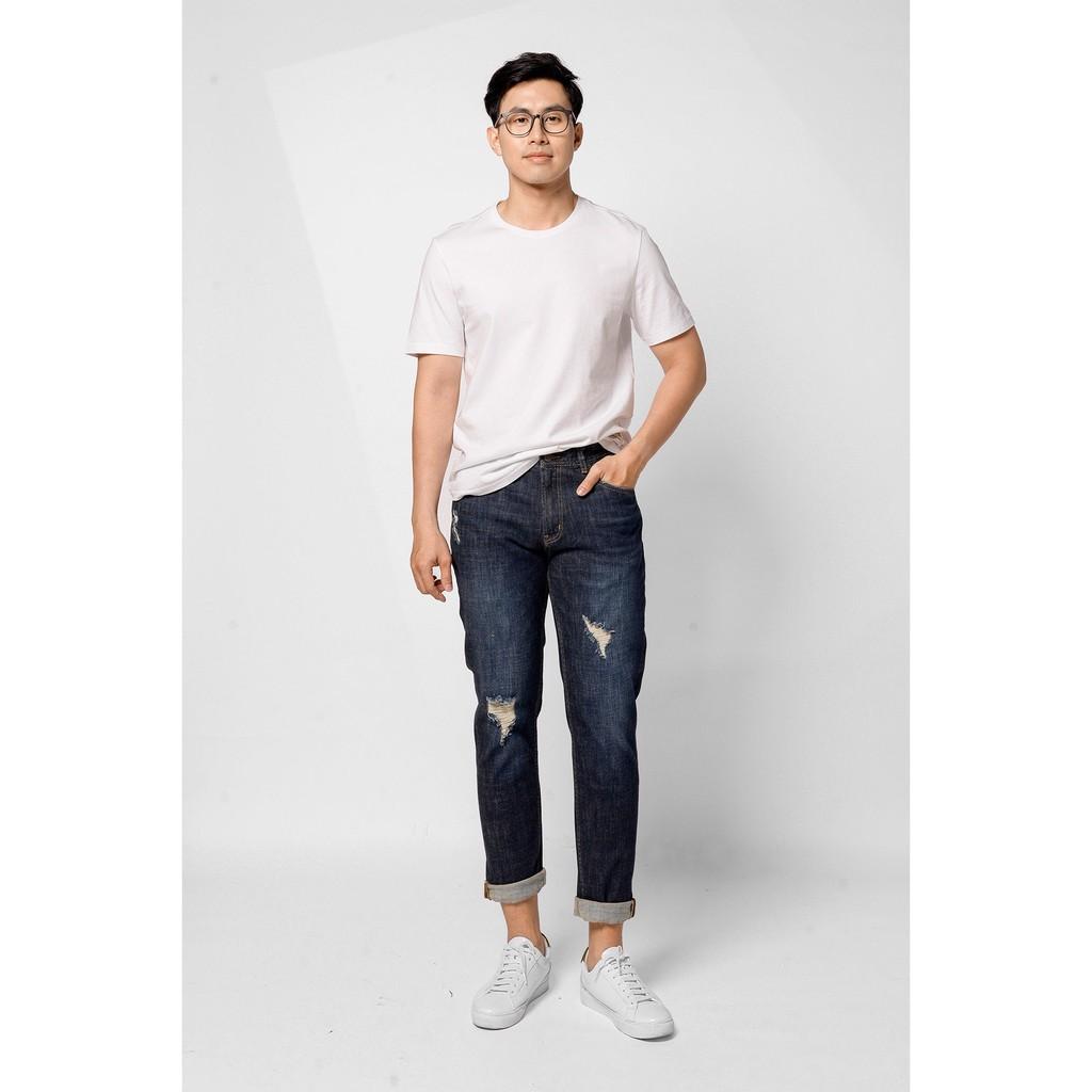 Quần jean nam màu Xanh đậm rách form slim crop - 10S20DPA047 shop LASTORE