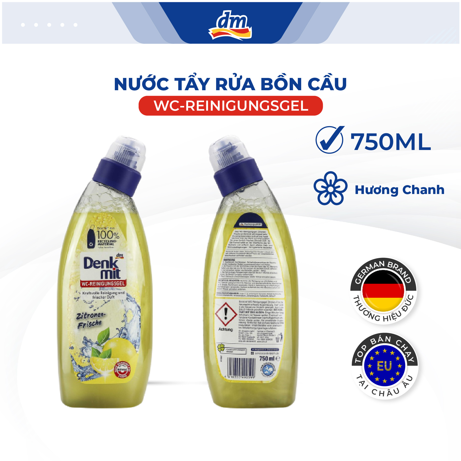 Tẩy bồn cầu, toilet, nhà tắm, nhà vệ sinh hương chanh nhập khẩu từ Đức Denkmit WC-Reiniger Zitrone, 750 ml