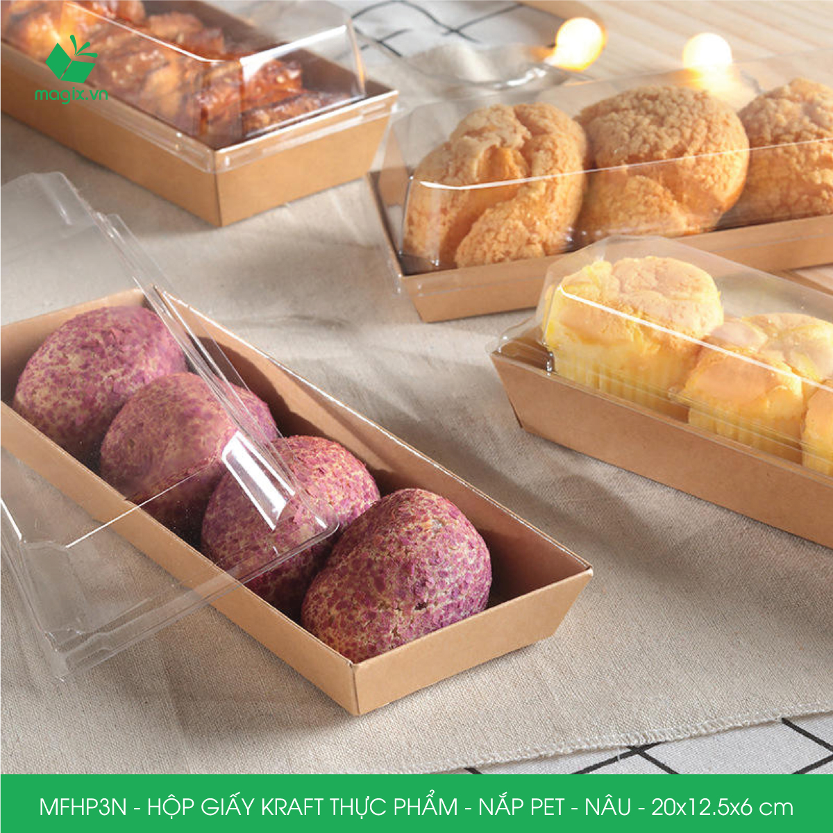 MFHP3N - 20x12.5x6 cm - 50 hộp giấy kraft thực phẩm màu nâu nắp Pet, hộp giấy chữ nhật đựng thức ăn, hộp bánh nắp trong