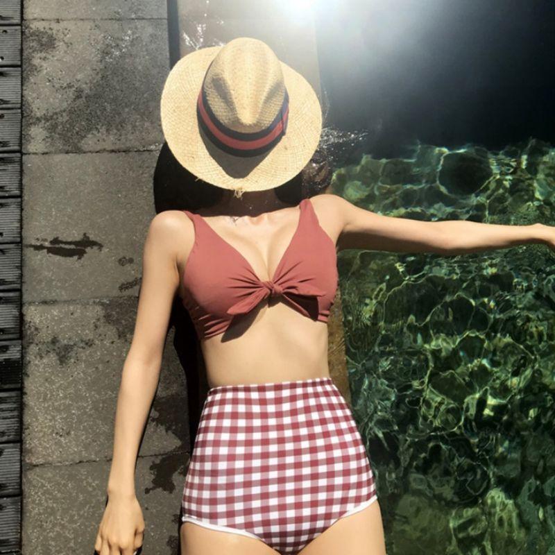 Nemo Bikini - Đồ bơi nữ, áo tắm, đồ bơi 2 mảnh tôn dáng buộc nơ kẻ đỏ gạch