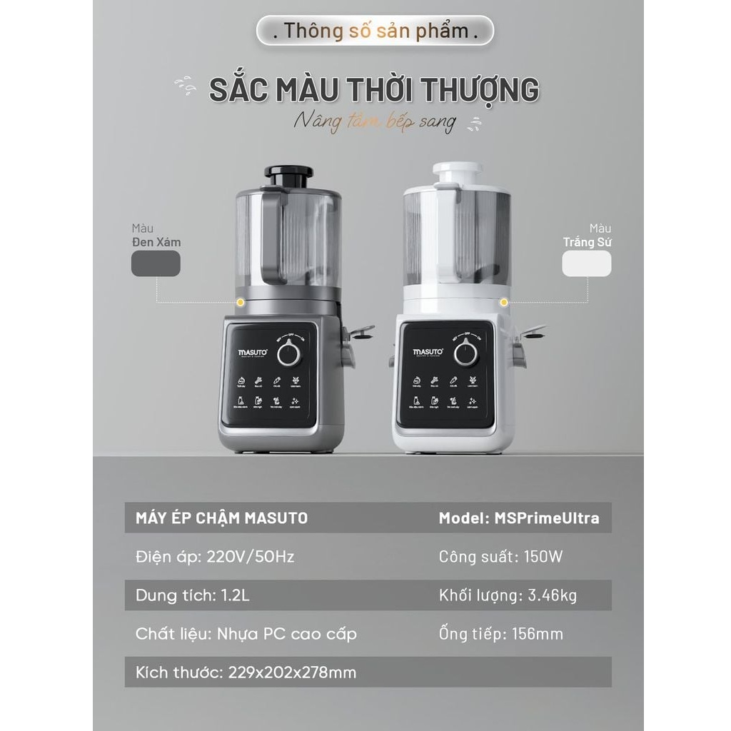 Máy Ép Chậm Trái Cây Làm Kem Toàn Năng 8in1 Masuto MSPrimeUltra, Công Suất 150W, Ống Tiếp Cực Đại 156mm, Ép Kiệt 99%, 8 Chế Độ Nấu - Hàng chính hãng