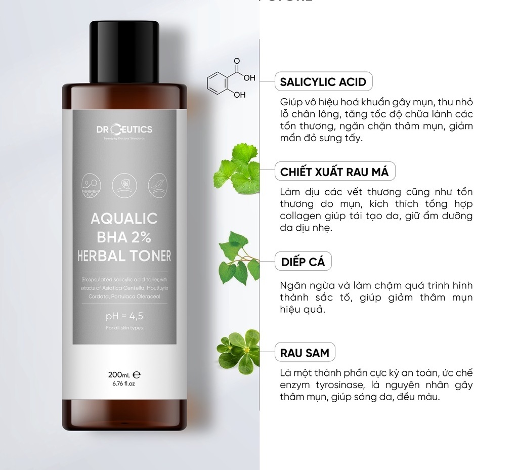 Toner Cân Bằng Da DrCeutics Aqualic BHA 2% Herbal Toner 200ml- Nền nước