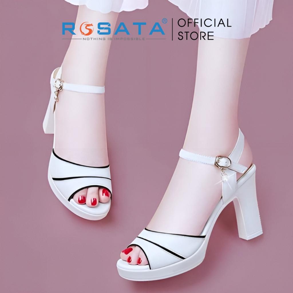 Giày sandal cao gót nữ ROSATA RO385 xỏ ngón mũi tròn quai hậu cài khóa dây mảnh gót trụ cao 8cm xuất xứ Việt Nam