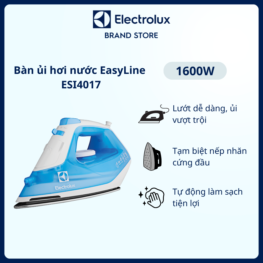 Bàn ủi hơi nước Electrolux EasyLine ESI4017 - Lướt dễ dàng, ủi vượt trội, ủi phẳng khu vực khó khăn nhất, đèn cảnh báo mặt đế nóng