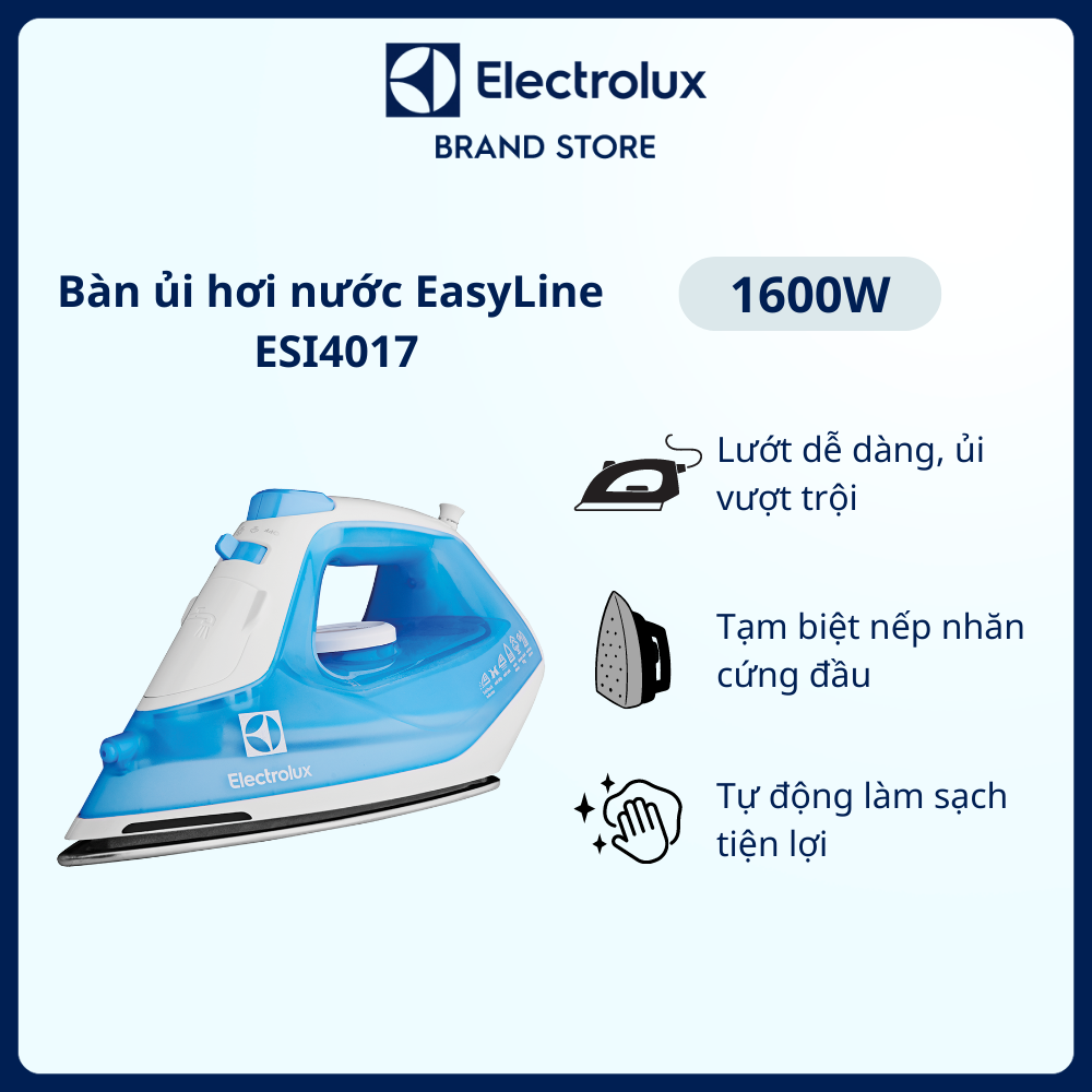 Bàn ủi hơi nước  Electrolux EasyLine ESI4017 - Lướt dễ dàng, ủi vượt trội, ủi phẳng khu vực khó khăn nhất, đèn cảnh báo mặt đế nóng [Hàng chính hãng]