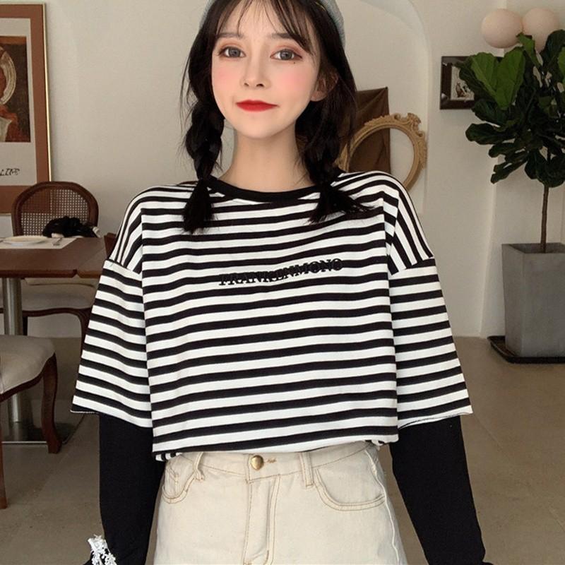 Áo thun tay dài cổ tròn hoạ tiết kẻ sọc thiết kế dáng rộng thoải mái