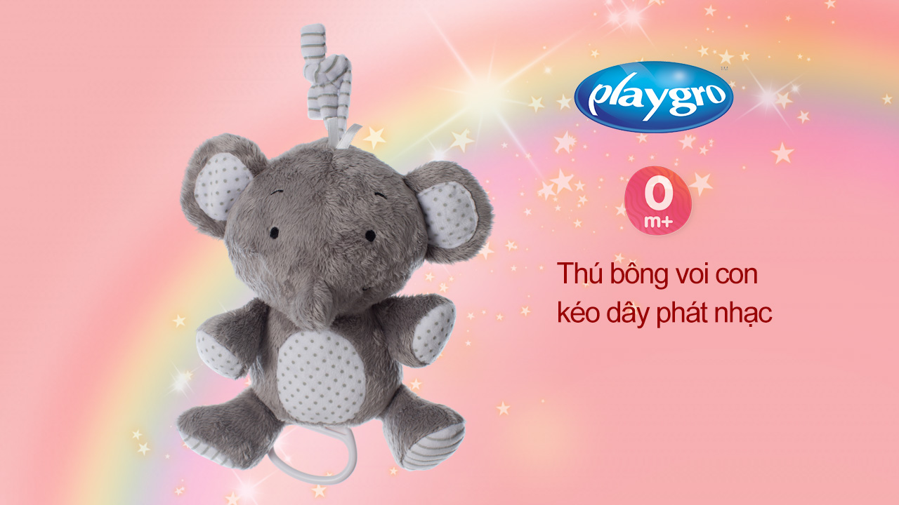 Thú bông voi con kéo dây phát nhạc Playgro Home Musical Pullstring Elephant, cho bé sơ sinh đến 36 tháng
