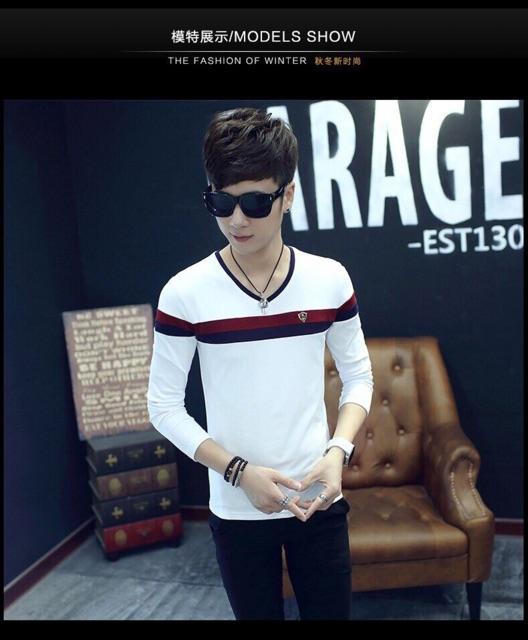 Áo thun tay dài sọc 3 màu cổ tim thời trang nam