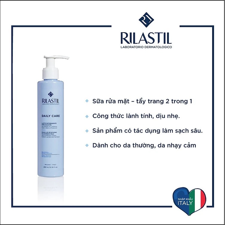 Sữa rửa mặt tẩy trang 2 trong 1 Rilastil Daily Care (Make-up) Removing Cleasing Milk 200ml