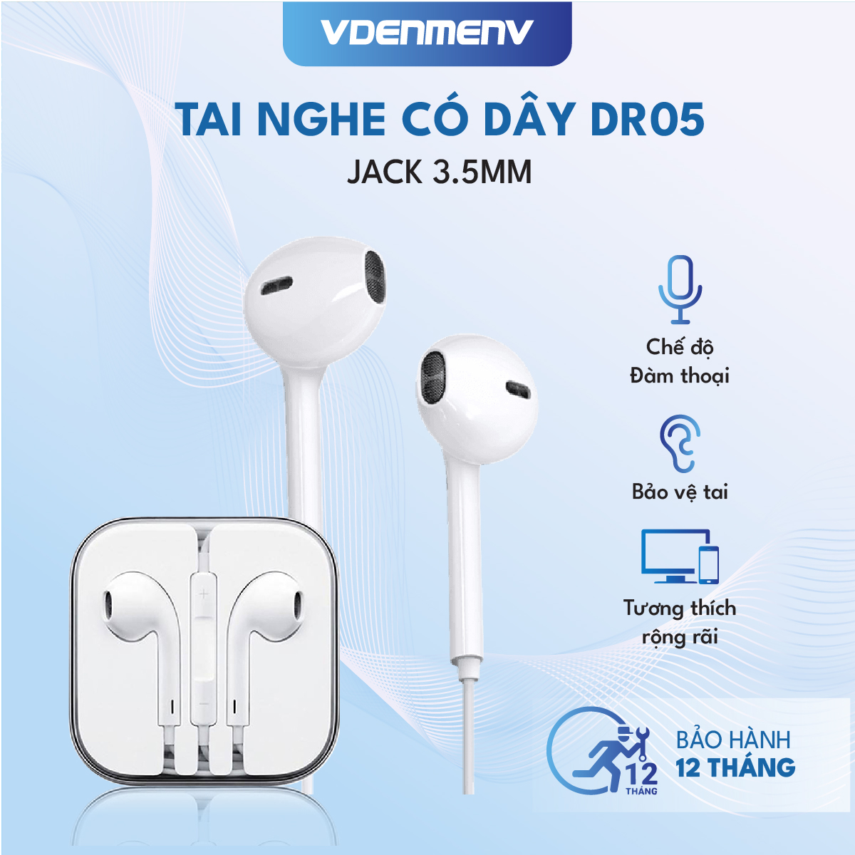 Tai Nghe Có Dây Jack 3.5mm VDENMENV DR05 Nút Bấm Điều Khiển Chức Năng, Thiết Kế Đơn Giản-Hàng nhập khẩu