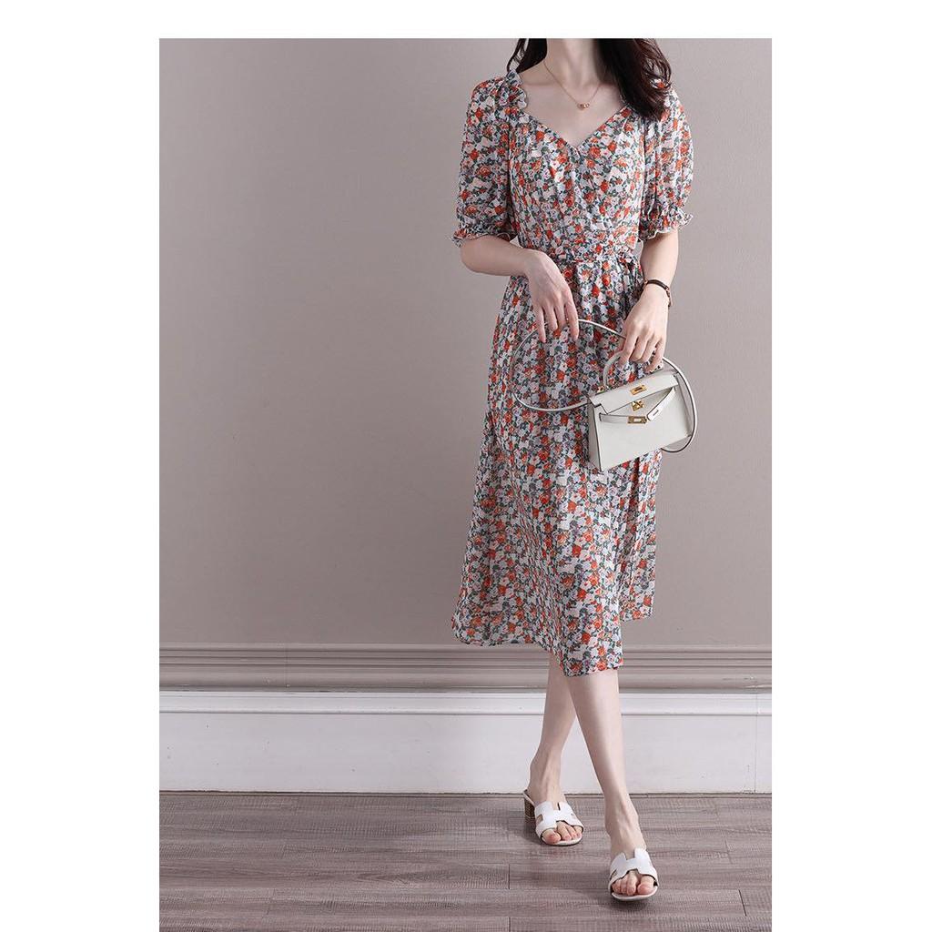 Đầm dự tiệc dáng dài midi hoa nhí tay lửng nhún bèo cột nơ ELIA DRESS