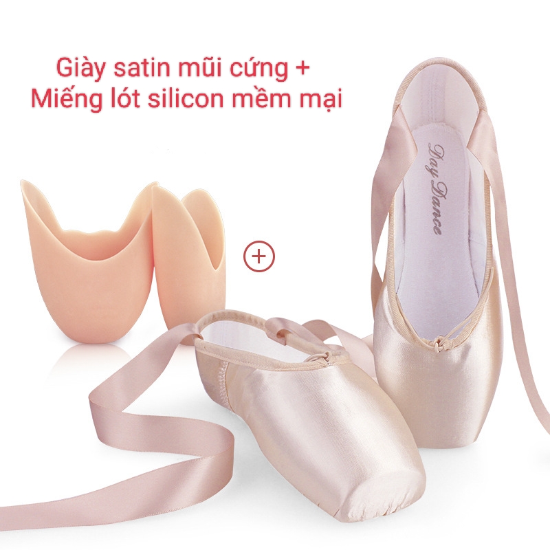 Giày múa ballet mũi cứng chuyên nghiệp, Tặng kèm cặp lót mũi giày silicon mềm mại