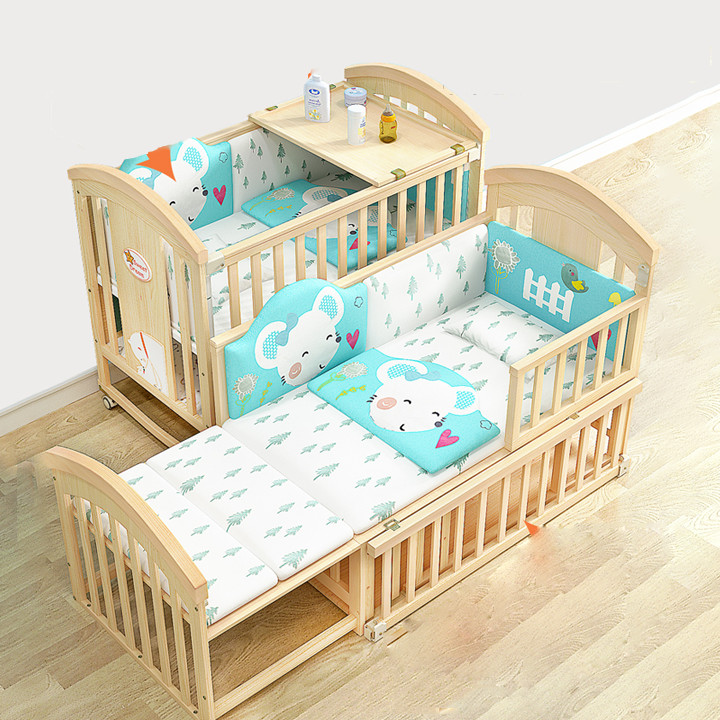 Cũi gỗ 2 tầng kích thước 1m2 có thể kéo dài thành giường 1m6 tặng kèm đệm sơ dừa , màn chống côn trùng