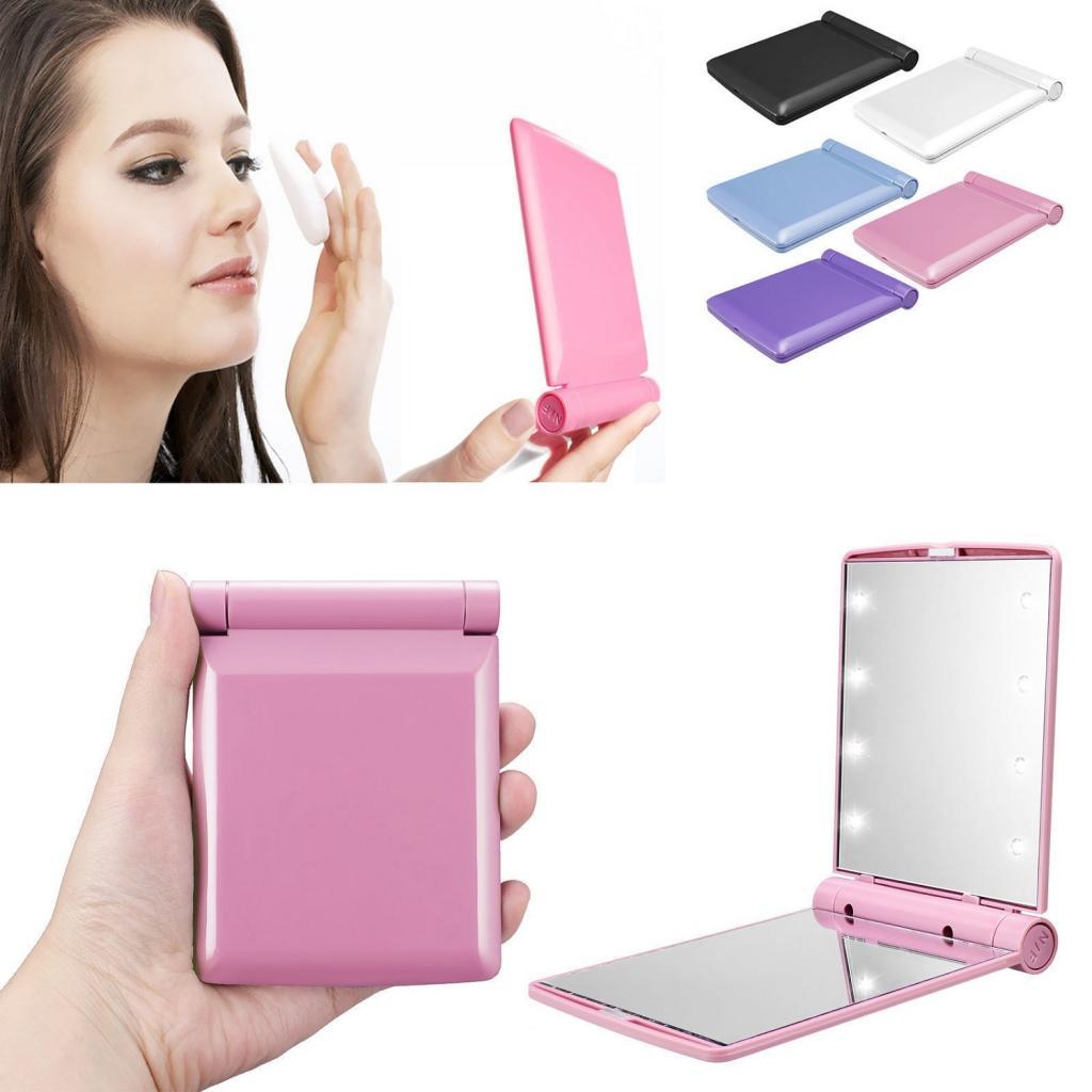 8 LED Lights Makeup Cosmetic Folding Portable Compact Pocket Mirror Pink