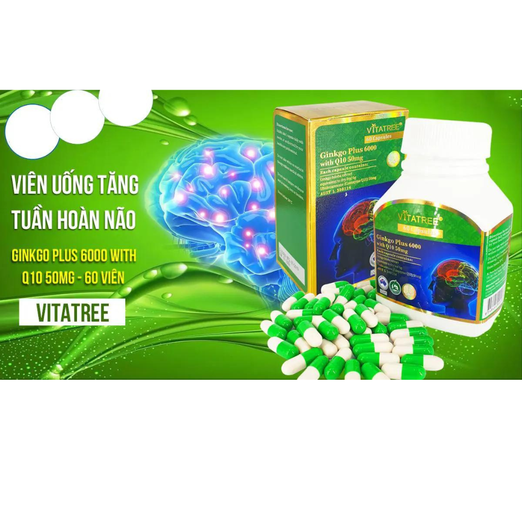  Viên uống Vitatree Ginkgo plus 6000 with Q10 50mg bổ não, cải thiện trí nhớ, giảm hoa mắt, chóng mặt 60 viên