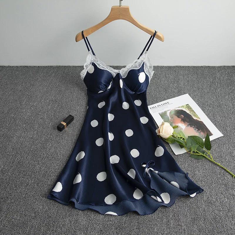 HISEXY Đầm Ngủ Chấm Bi Liền Thân Mặc Nhà Lụa Satin Cao Cấp Có Mút Ngực MD38