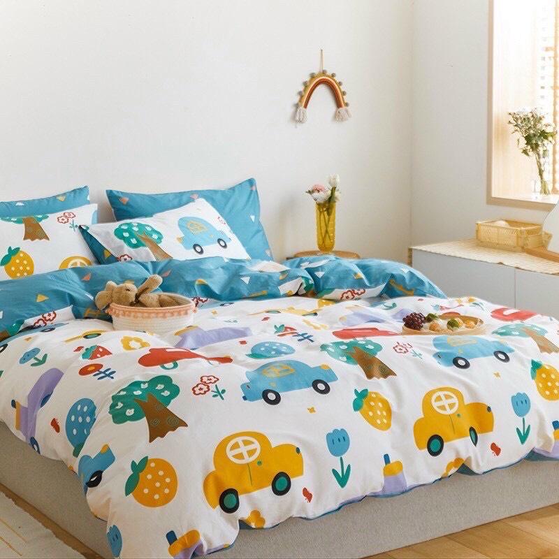 Bộ Chăn Ga Gối Cotton Living Xe Ô Tô Xanh
