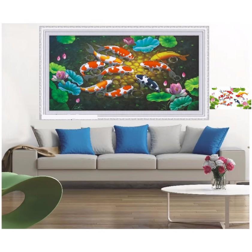 Tranh Đính Đá CÁ CỬU NGƯ QUẦN HỘI . Kích Thước: 1m2 x 65cm - 1m6 x 90cm