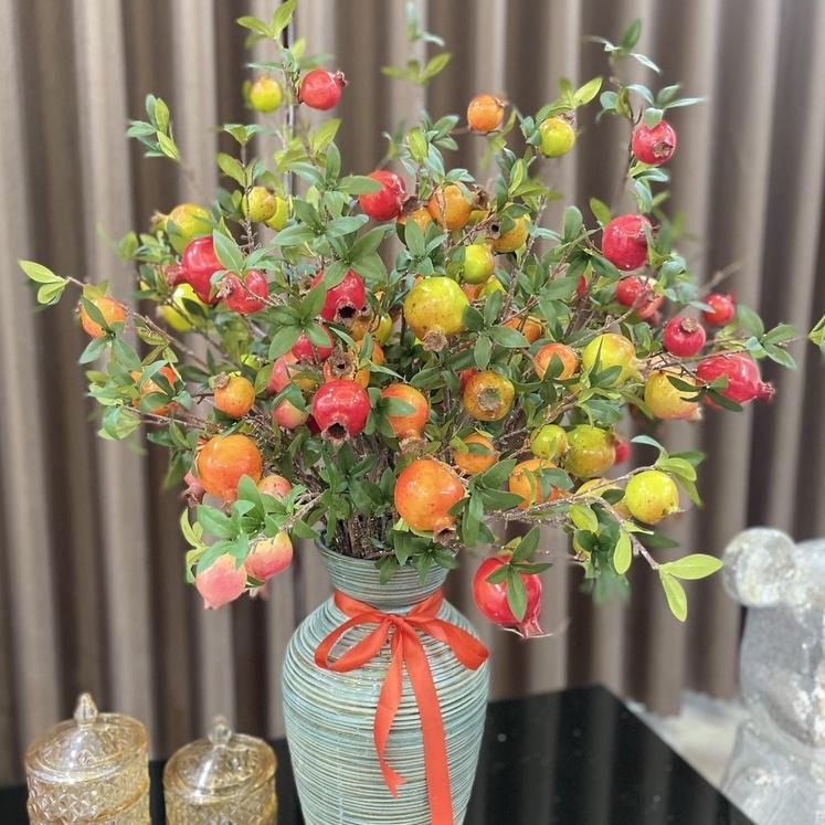 Cành lựu cao cấp loại 1 có 3 nhánh lớn 6 quả to - Cherry trang trí lễ tết - Hoa giả decor giá sỉ