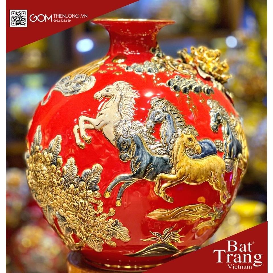 Bình Hút Lộc Mã Đáo Thành Công Màu Đỏ - Vẽ Vàng Đắp Nổi Hàng Kỹ - Bình Hút Tài Lộc Bát Tràng - Gốm Thiên Long