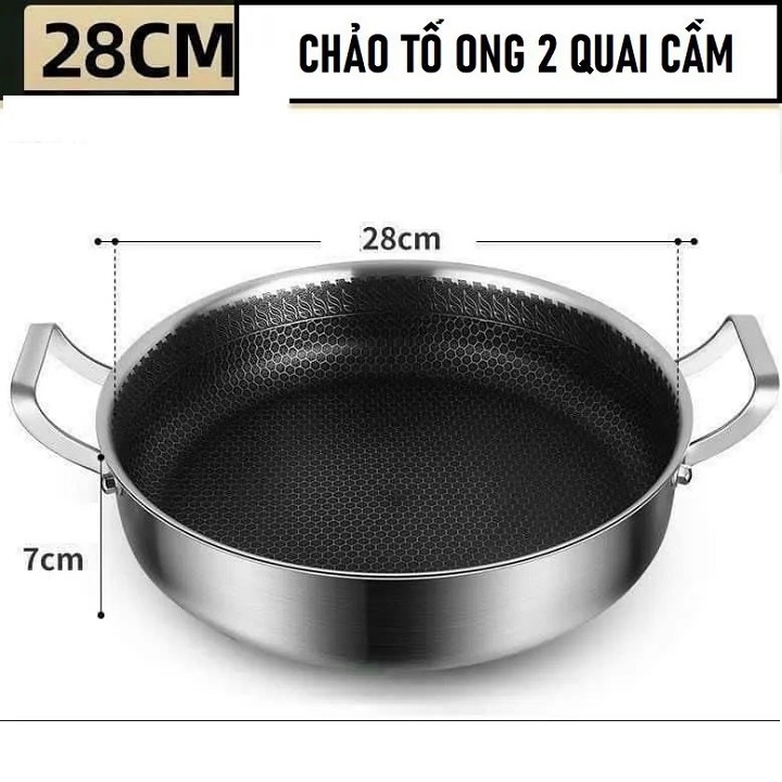 Chảo 2 Quai Sâu Lòng Chống Dinh Tổ Ong Đáy Từ Inox 3 Lớp 28cm Cao Cấp