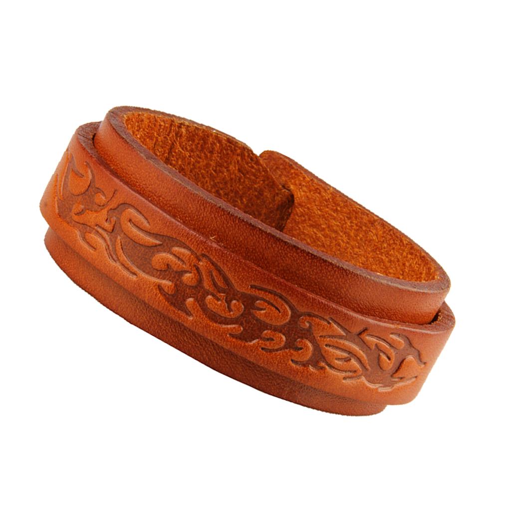 Handmade Double Layers Wide Mens Leather Cuff Bracelet Bangle Pattern