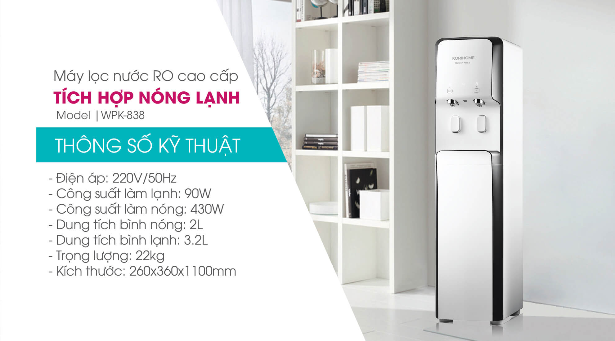 Máy lọc nước tích hợp nóng lạnh Korihome WPK-938 - hàng nhập khẩu