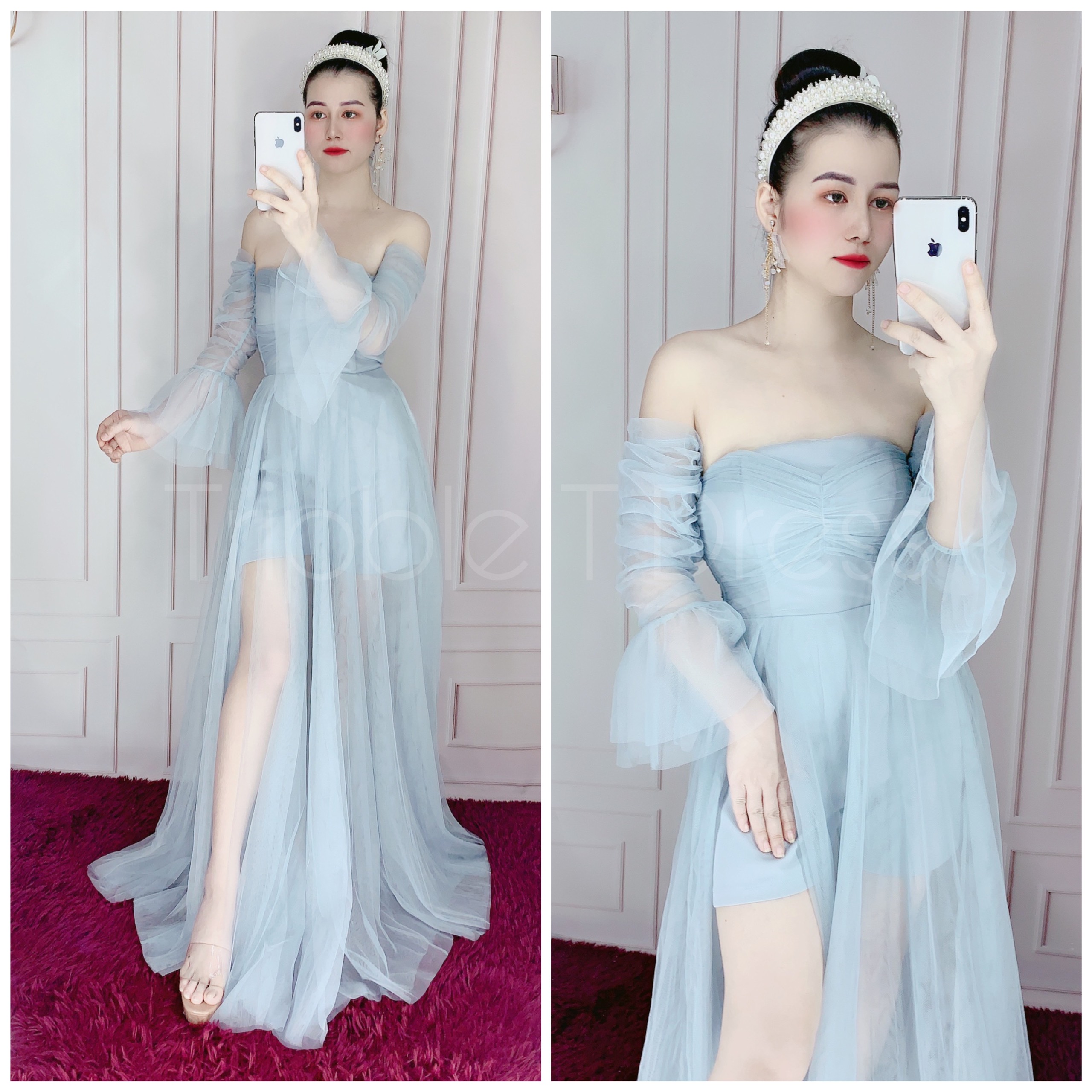 Đầm maxi dự tiệc tay loa xẻ đùi trễ vai lưới TRIPBLE T DRESS - size M/L - MS246V