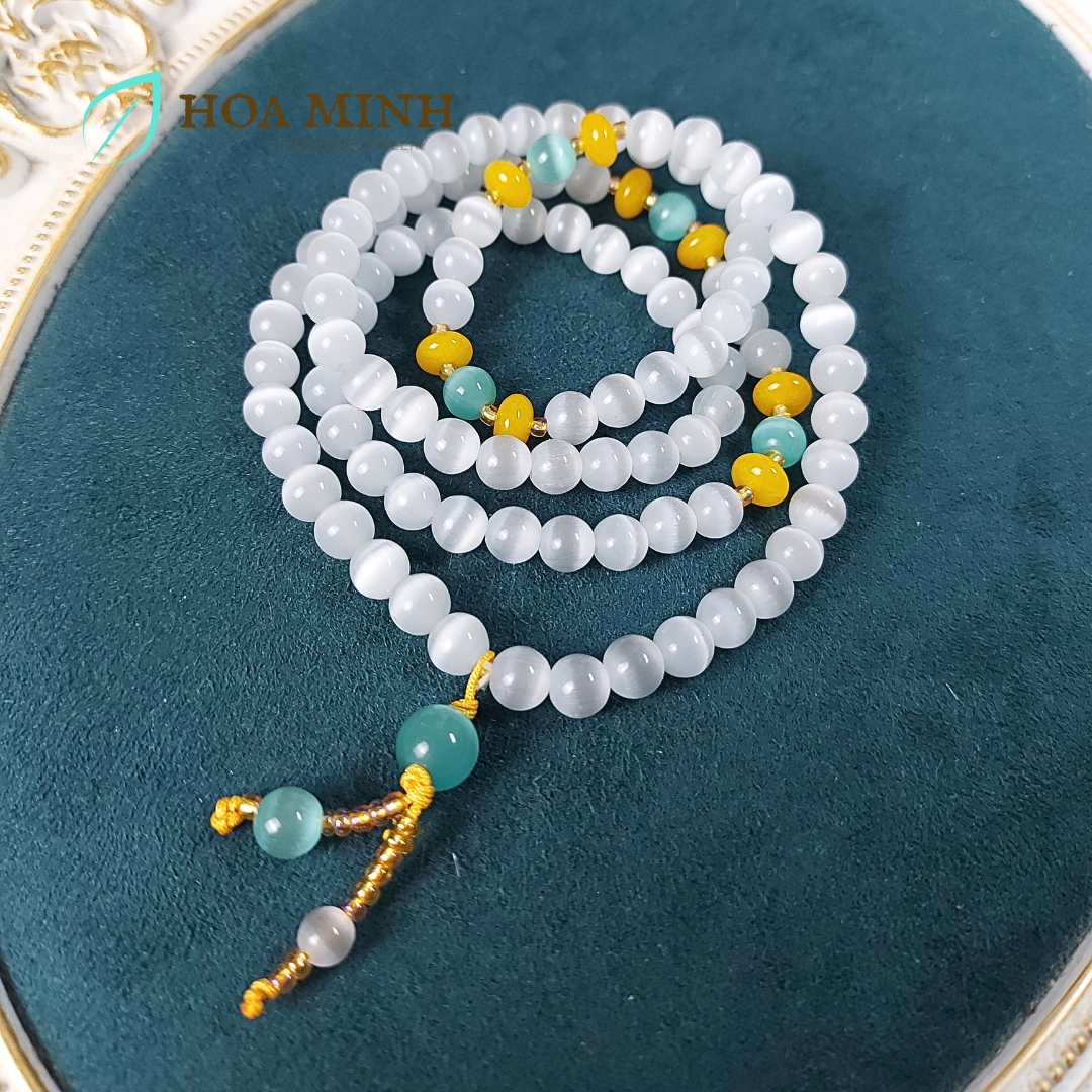 Vòng tay đá Mắt Mèo trắng size hạt 8 li chuỗi 108 hạt phối mắt mèo xanh, hạt bánh xe mã não vàng