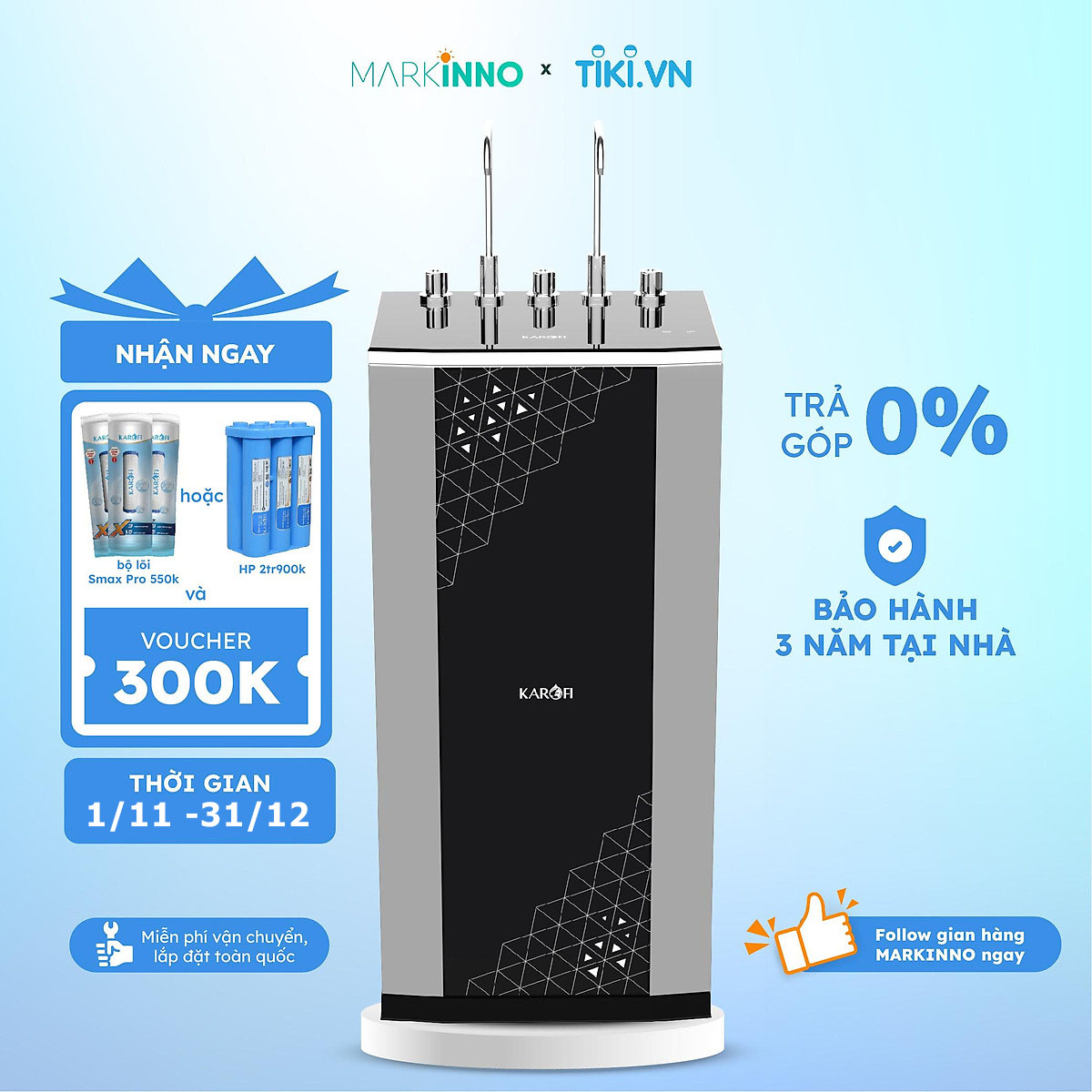 Máy lọc nước nóng lạnh KAROFI KAD-D950 bình 30kg 2 vòi, công nghệ 10 lõi lọc Smax, màng lọc RO 100GPD hàng chính hãng