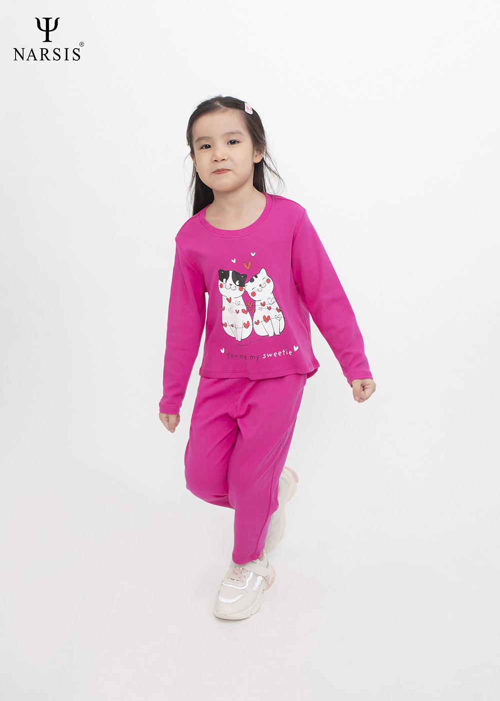 Bộ thu đông bé gái Narsis KM0027 màu hồng chất Cotton (cho bé từ 4-8 tuổi